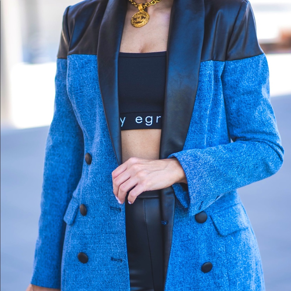 Karlie Denim and Faux Leather Double-Breasted Blazer
